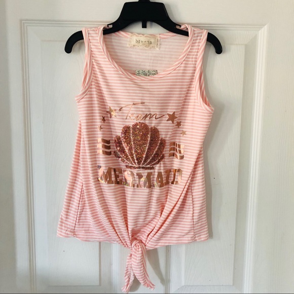 NWT pink striped sparkly glitter team mermaid shell tie front top SZ girls 8 - Picture 1 of 6
